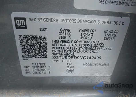 2022 GMC Sierra 1500 Limited 4Wd Short Box Slt из США, поврежденный, VIN 3GTU9DED9NG142490